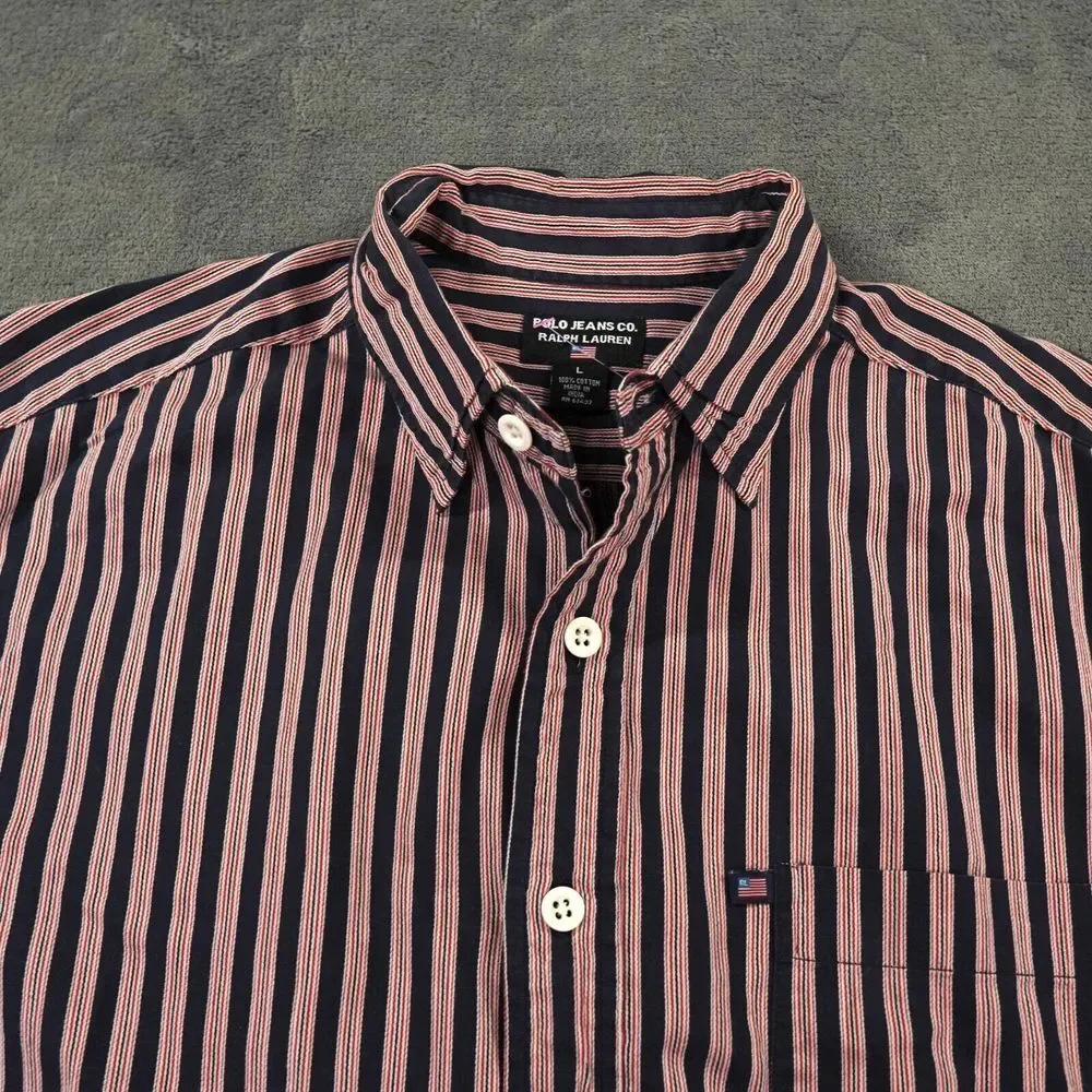 VTG Polo Jeans Co Ralph Lauren Shirt Mens Large Red‎ Black Stripes Flag Logo Hit